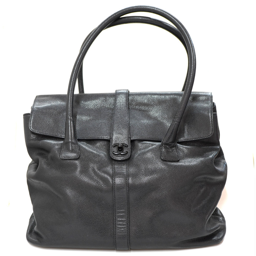 Chanel flap handbag black leather caviar skin